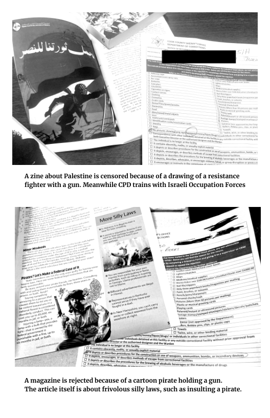 A zine about Palestine is censored because of a drawing of a resistance fighter with a gun. Meanwhile CPD trains with Israli Occupation Forces A magazine is rejected because of a cartoon pirate holdinga gun. ‘The article itself is about frivolous silly laws, such as insulting a pirate.